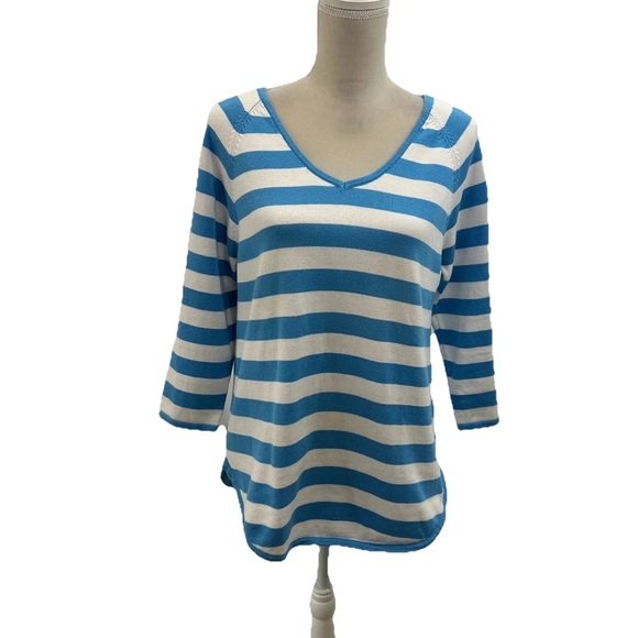 Jeanne Pierre Womens Sz M Pullover Tunic Sweater Blue White Wide Stripe V Neck - Picture 1 of 7